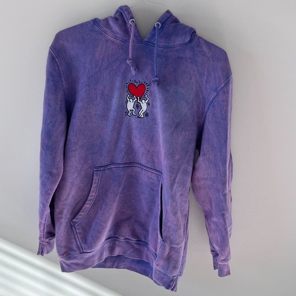 Keith Haring Purple Acid Wash Embroidered Heart Hoodie